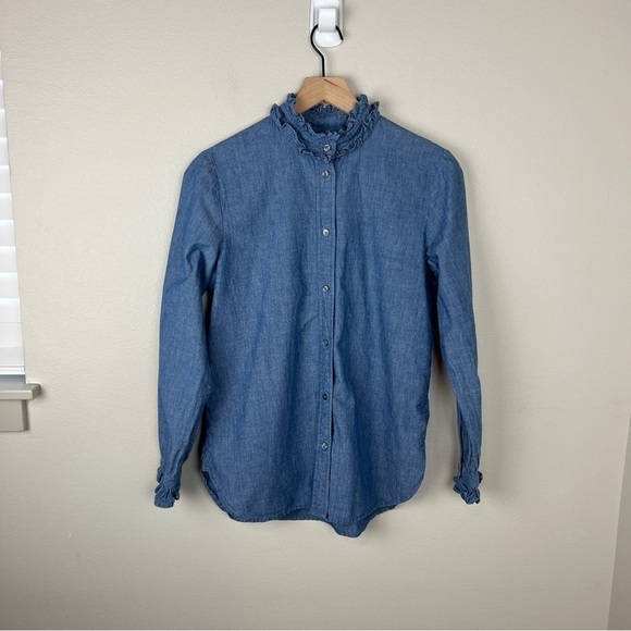 J Crew Classic Fit Chambray Ruffle Neck Shirt - Picture 2 of 6